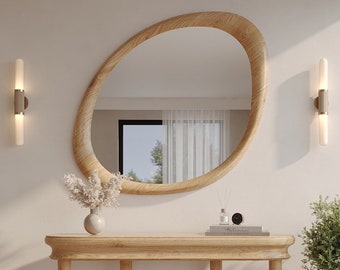 Oak Wooden Frame Mirror | Decorative Home Mirror | Asymmetrical Mirror | Special Design Mirror | Modern Mirror | Handmade Mirror