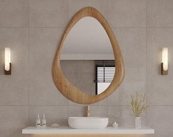 Oak Wooden Frame Mirror | Decorative Home Mirror | Asymmetrical Mirror | Special Design Mirror | Modern Mirror | Handmade Mirror