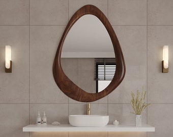 Walnuss Holzrahmen Spiegel | Dekorativer Hausspiegel | Asymmetrischer Spiegel | Spezieller Design-Spiegel | Moderner Spiegel | Handgemachter Spiegel