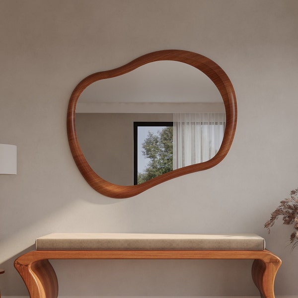 Beech Wooden Frame Mirror | Decorative Home Mirror | Asymmetrical Mirror | Special Design Mirror | Modern Mirror | Handmade Mirror