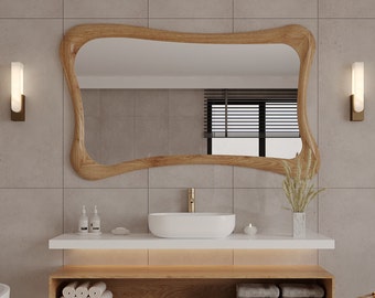 Eiche Holzrahmen Spiegel | Dekorativer Hausspiegel | Asymmetrischer Spiegel | Spezieller Design-Spiegel | Moderner Spiegel | Handgemachter Spiegel