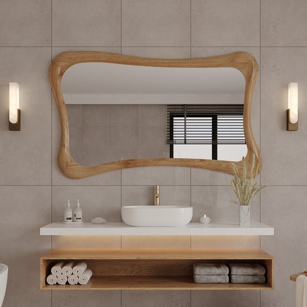 Oak Wooden Frame Mirror | Decorative Home Mirror | Asymmetrical Mirror | Special Design Mirror | Modern Mirror | Handmade Mirror