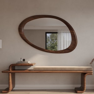 Walnoot houten frame spiegel | Decoratieve huisspiegel | Asymmetrische spiegel | Speciaal Design Spiegel | Moderne spiegel | Handgemaakte spiegel