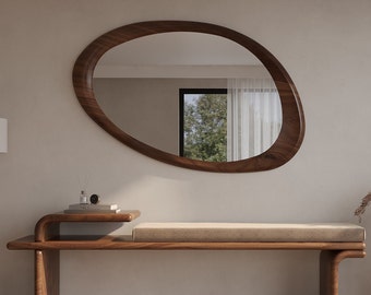 Walnut Wooden Frame Mirror | Decorative Home Mirror | Asymmetrical Mirror | Special Design Mirror | Modern Mirror | Handmade Mirror