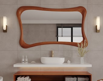 Buchenholzrahmen Spiegel | Dekorativer Hausspiegel | Asymmetrischer Spiegel | Spezieller Design-Spiegel | Moderner Spiegel | Handgemachter Spiegel