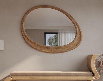 Oak Wooden Frame Mirror | Decorative Home Mirror | Asymmetrical Mirror | Special Design Mirror | Modern Mirror | Handmade Mirror