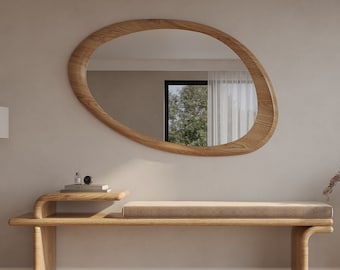 Oak Wooden Frame Mirror | Decorative Home Mirror | Asymmetrical Mirror | Special Design Mirror | Modern Mirror | Handmade Mirror