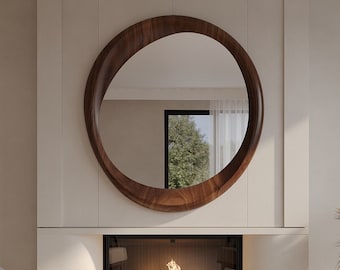 Walnut Wooden Frame Mirror | Decorative Home Mirror | Asymmetrical Mirror | Special Design Mirror | Modern Mirror | Handmade Mirror