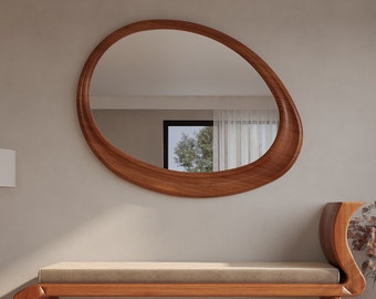 Beech Wooden Frame Mirror | Decorative Home Mirror | Asymmetrical Mirror | Special Design Mirror | Modern Mirror | Handmade Mirror