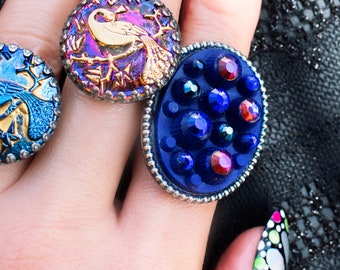 fantastic planet ring with cobalt blue oval vintage cabochon and rhinestones