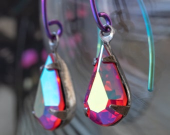 hyacinth orange aurora borealis crystal teardrop earrings with colorful marquise niobium hypoallergenic earwires valentine's gift