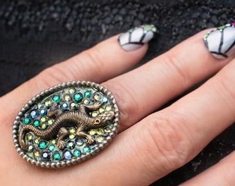 lizard ring with olive and emerald green rhinestones -- salamander reptile antique silver adjustable