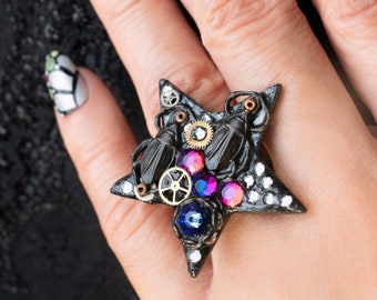 scarab star ring with volcano purple, blue and silver gray crystal rhinestones with sterling silver band