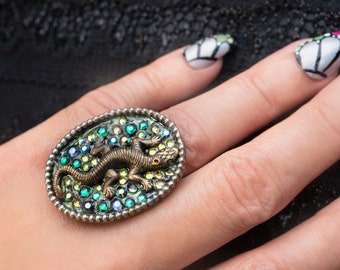 lizard ring with olive and emerald green rhinestones -- salamander reptile antique silver adjustable