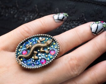 lizard ring with purple and blue rhinestones -- salamander reptile antique silver adjustable statement