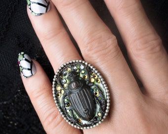 oval scarab beetle ring with crystal rhinestones -- insect jewelry