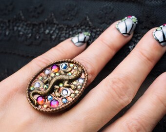 copper lizard ring with purple rhinestones -- sparkly salamander oval ring adjustable