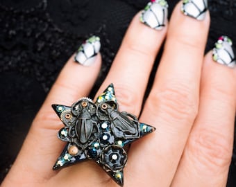 scarab star ring metallic crystal rhinestones with sterling silver band