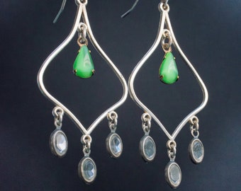 airy chandelier earrings with green glass vintage teardrops. moroccan-inspired boho chic