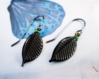 black glass leaf earrings with hematite hypoallergenic niobium earwires