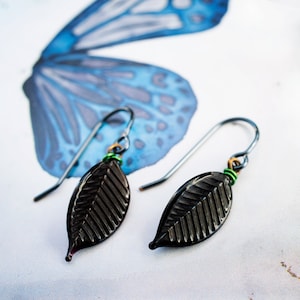 black glass leaf earrings with hematite hypoallergenic niobium earwires