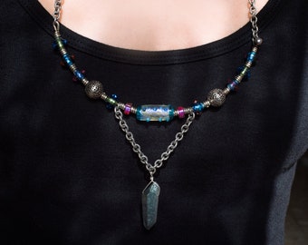 Luna Tropical necklace with quartz crystal point + glass beads goddess boho vibes by mirka