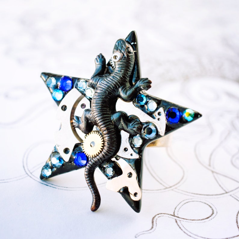 salamander star ring with cobalt blue rhinestones lizard jewelry image 2