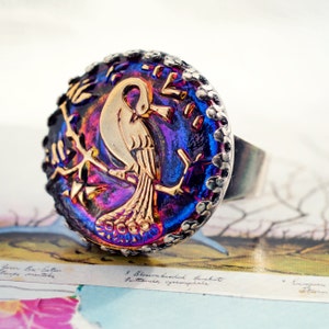 peacock bird ring in purple blue gold glass adjustable