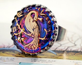 peacock bird ring in purple blue gold glass adjustable