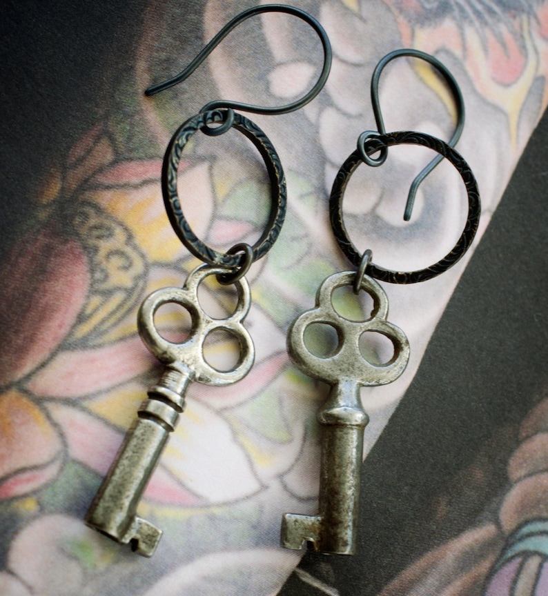 cosmic keys earrings with vintage pewter skeleton keys image 3