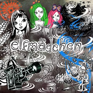 May include: A whimsical illustration featuring three female figures with elf-like features, surrounded by swirling lines and abstract shapes. The word "elfm&auml;dchen" is prominently displayed in the center of the image.
