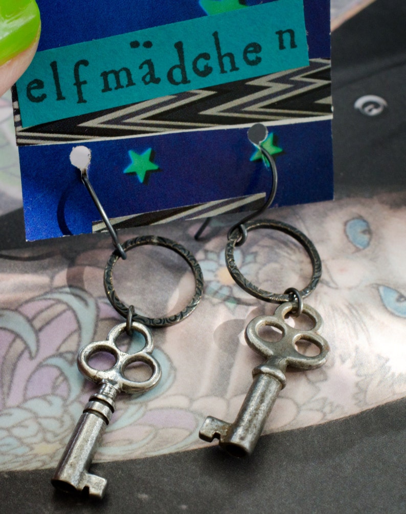 cosmic keys earrings with vintage pewter skeleton keys image 4