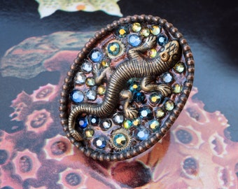 copper lizard ring with blue and gold rhinestones -- sparkly tropical glam adjustable ring