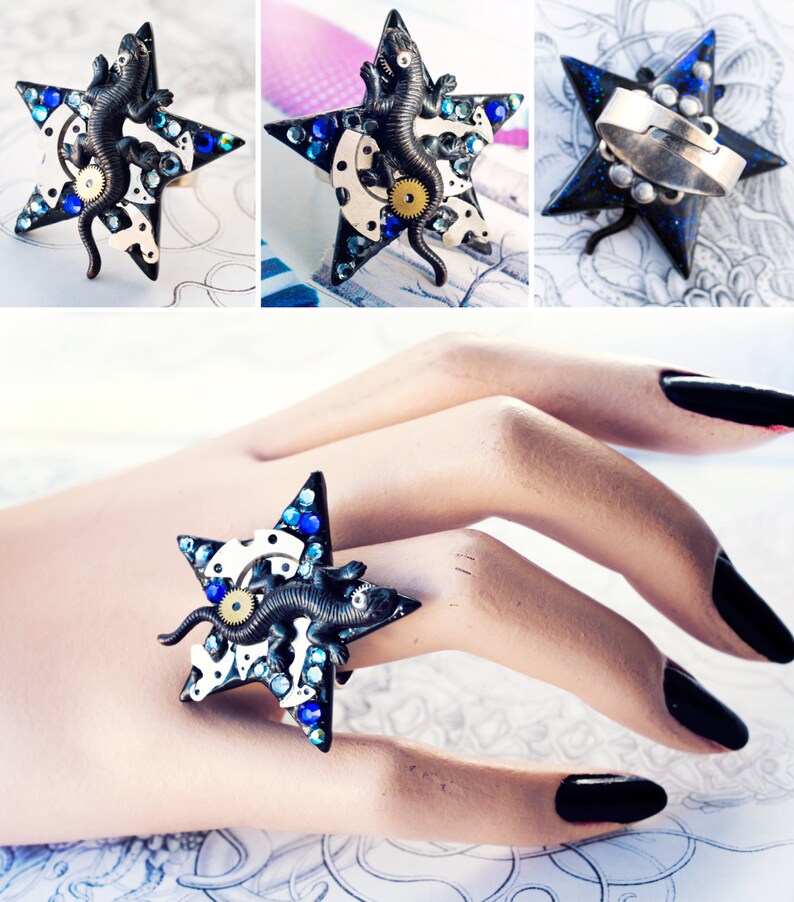 salamander star ring with cobalt blue rhinestones lizard jewelry image 5