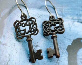 small victorian key charm earrings with hypoallergenic niobium earwires