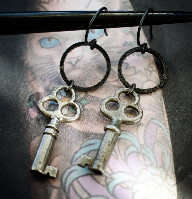 cosmic keys earrings with vintage pewter skeleton keys image 1