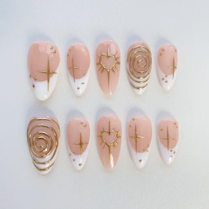 Gold 3D Chrome nails/White French Gold Press on nails long almond nails/Sun star nails/Gold Nails/Daily Nails/Wedding Nails/French Tip Nails