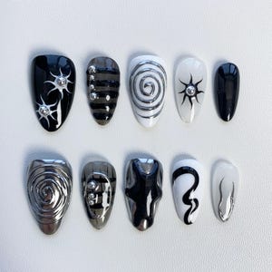 Uñas cromadas 3D plateadas/Uñas góticas negras a presión, uñas almendradas/Uñas de estrella solar/Uñas de Halloween/Uñas góticas/Uñas plateadas metalizadas/Uñas gyaru