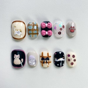 Cute Pink Press On Nails Short nails/Cat Nails/Y2K Nails/Birthday Nails/Kawaii nails/Short Cute Nails/Bow Nails/Gift for her nails