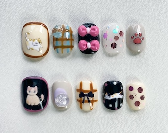 Cute Pink Press On Nails Short nails/Cat Nails/Y2K Nails/Birthday Nails/Kawaii nails/Short Cute Nails/Bow Nails/Gift for her nails