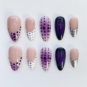 Violette gepunktete Nägel/Lila Press-on-Nägel, lange Mandelnägel/ Free Style Nägel/Herbst Nägel/Silberne Nägel/Süße Nägel/Maßgeschneiderte Nägel/Aura Nägel