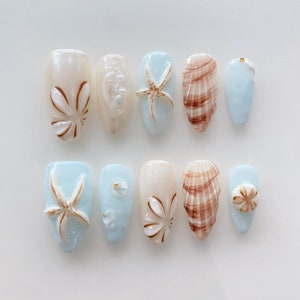 Unhas postiças 3D em formato de estrela-do-mar, curtas e amendoadas/Unhas de verão/Unhas para as férias/Unhas de concha/Unhas de estrela-do-mar/Unhas azul-bebê/Presente para ela