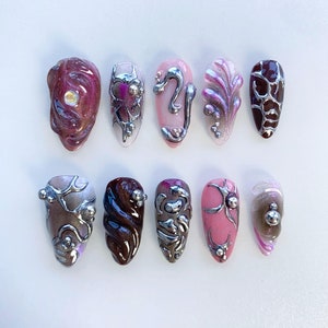3D Chrome Nails/Black Gothic Press on nails/Halloween Nails/Gothic Nails/Goth nails/Punk Nails/Free style nails/Metallic silver nail