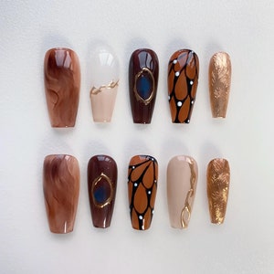 Fall Amber butterfly Press On Nails Long coffin Nails/Amber Nails/Butterfly Wings Nails/3D Chrome nails/Fall Birthday Nails/brown nails