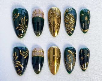 Retro Gold Green Press on nails short almond nails/Fall nails/3D Chrome nails/Dark Green Nails /Rose Nails/Sun Star nails/free style nails
