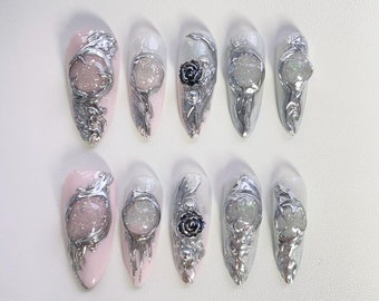 Ongles à presser gothiques argentés, ongles longs en amande/clous argentés métalliques/clous chromés 3D/ongles roses/ongles d'Halloween/clous de fête/ongles style libre