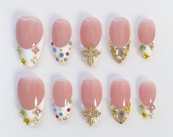 White French Press On Nails Short Almond Nails/Rhinestones nails/Cross Nails/3d Gold Nails/White French nails/Holiday Nails/Wedding Nails