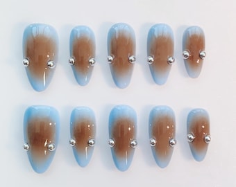 Blue Aura Press on nails long almond nails/Brown nails/Fall Nails/Aura Nails/Silver Nails/Y2k Nails/Blue nails/Custom nails/Daily nails