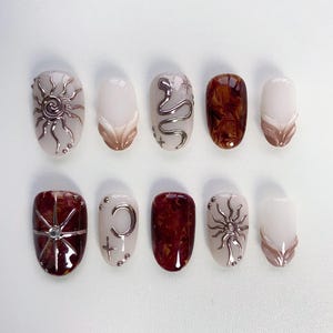 Sun Star Amber Press on Nägel kurze Nägel/Herbstnägel/Snake Nails/3D Chrome Nägel/Birthday Nails/Braune Nägel/French Nails/Braune Nägel