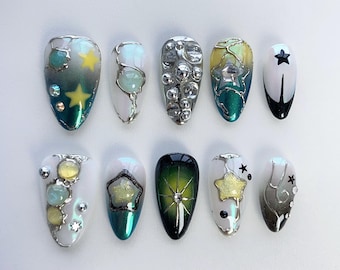 Silver 3D Chrome nails/Green Aura Star Gothic Press on nails short almond nails/Green nails/Gothic nails/Star nails/y2k nails/gyaru nails